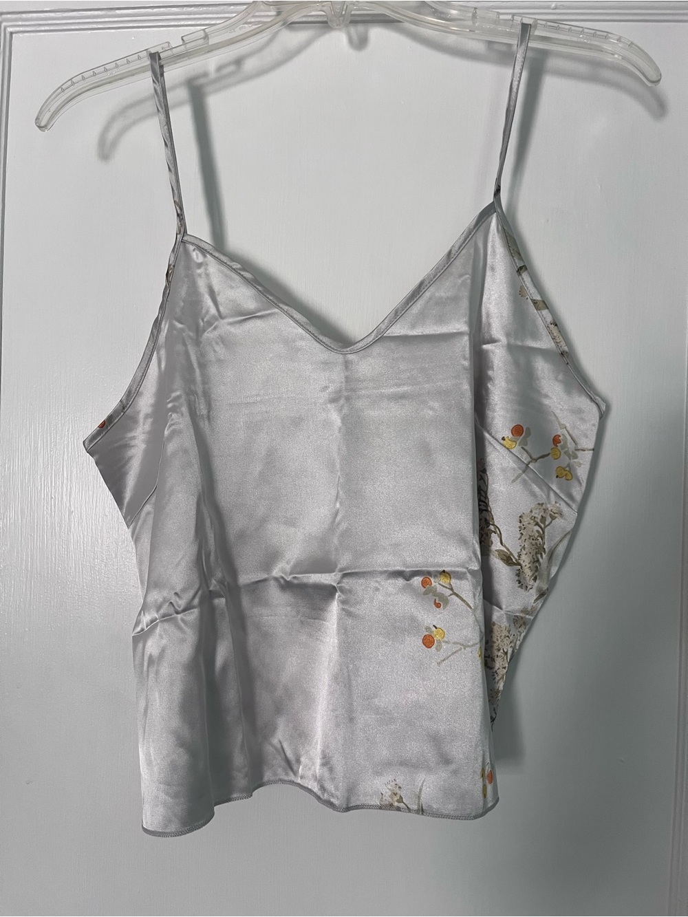 Full 4- Piece Pajama Set- Silver Satin Floral-Accent